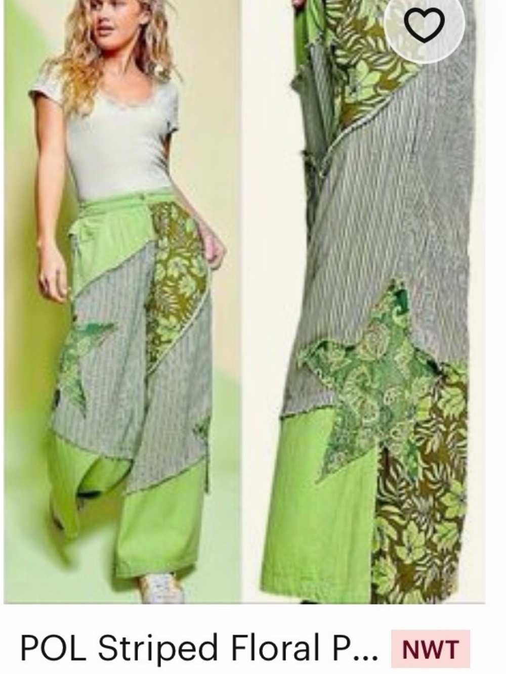 POL Shades of Green Patchwork Wide-Leg Pants, Medium, NWT
